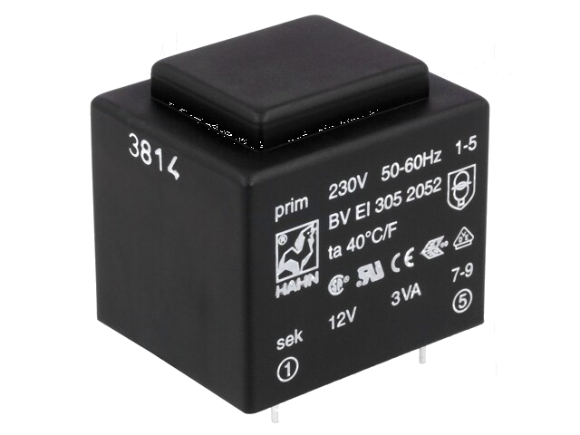 Transformator: ingegoten; 3VA; 230VAC; 12V; 250mA; PCB; BVEI Transformator: ingegoten; 3VA; 230VAC; 12V; 250mA; PCB; BVEI
